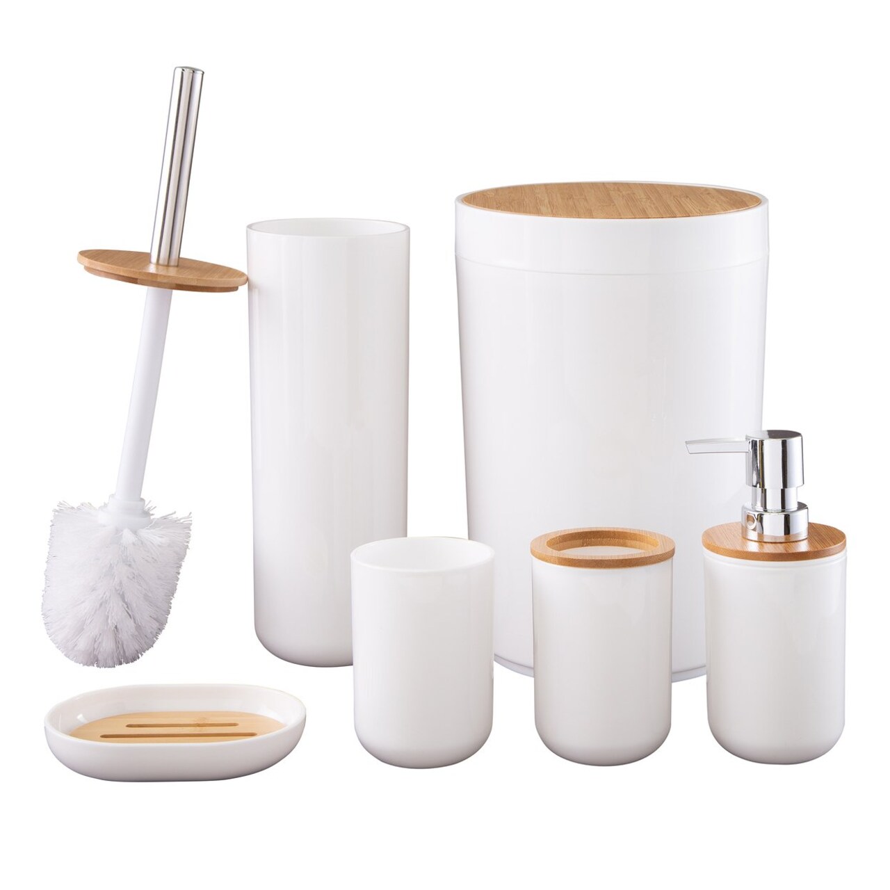 6 Piece White Bathroom Accessory Set With Trash Can Toilet Brush Soap Pump